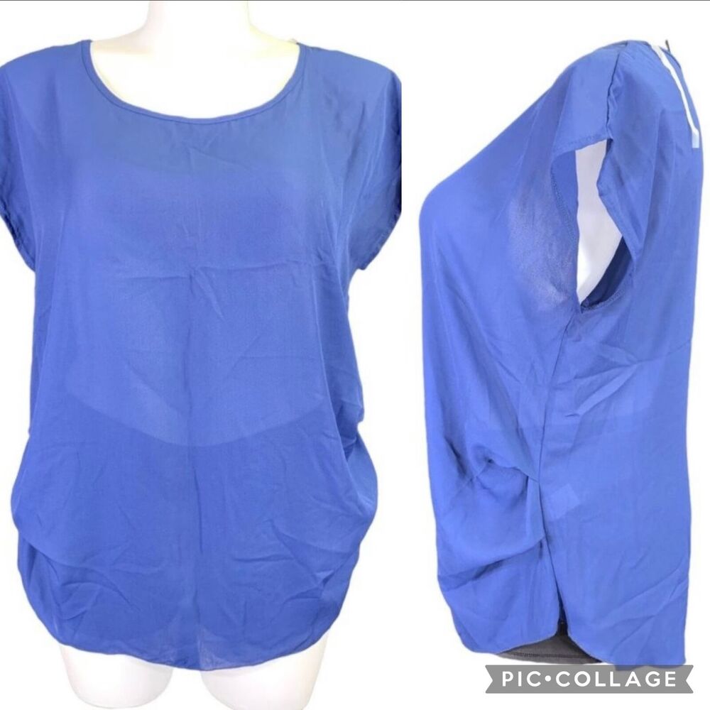 Persaya Womens Blouse Top Shirt Sheer Short Sleeved Pullover Ruched Navy Blue 1X